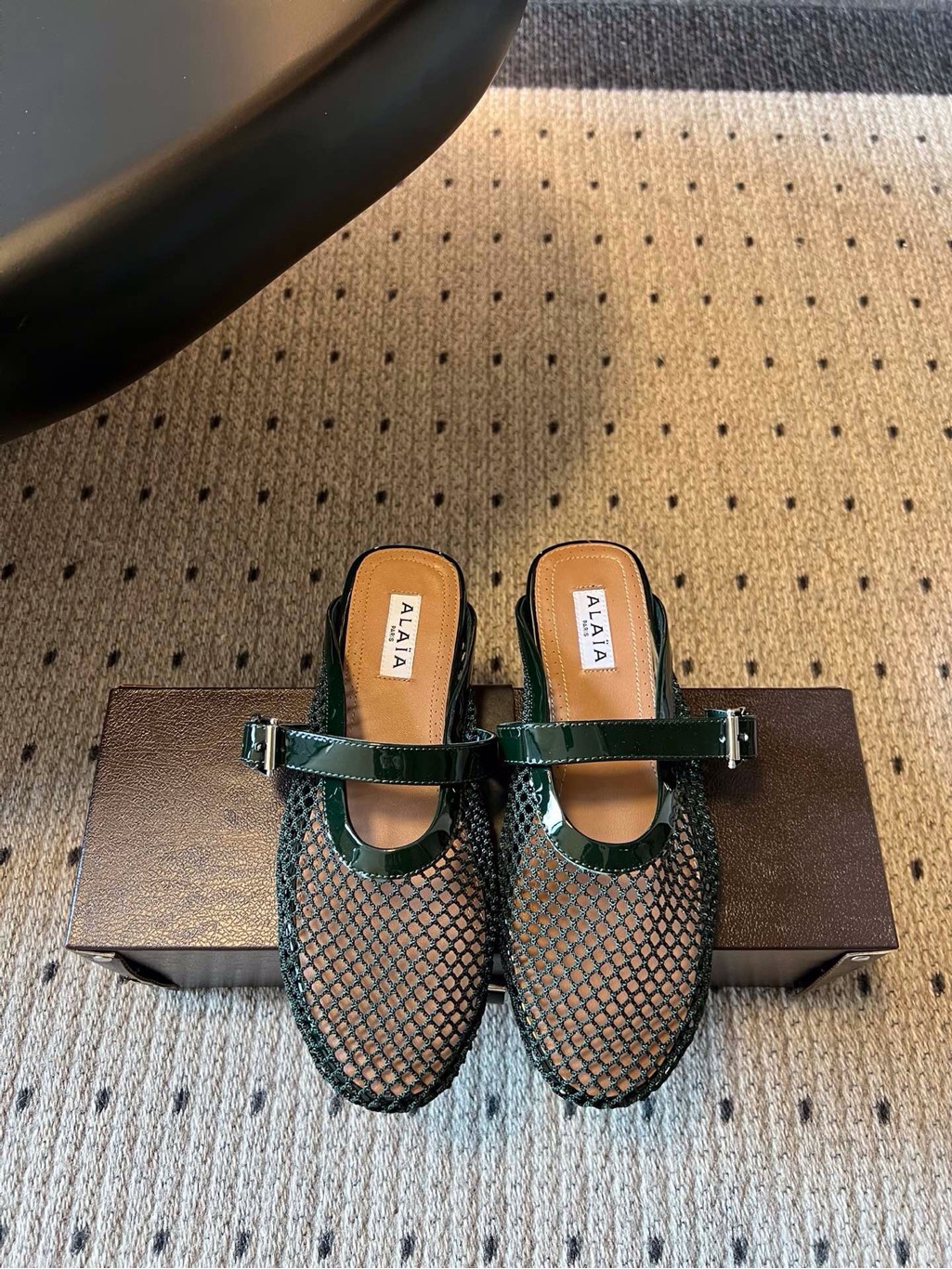 Authentic Alaia Dark Green Mesh Mary Jane Mules With Patent Strap